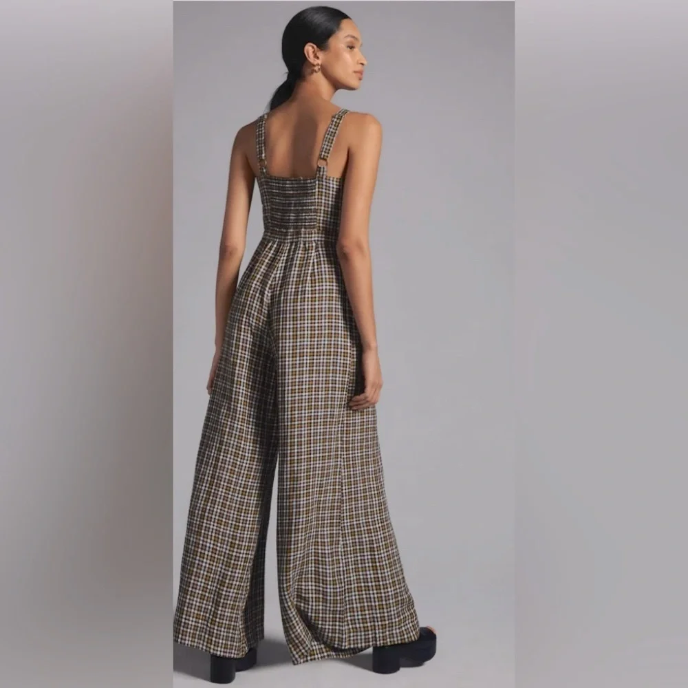 Anthropologie Women’s Embroidered Plaid Pleated Wide Leg Flowy Jumpsuit 4